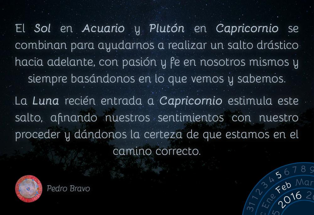 El Sol en Acuario y Plut&oacute;n en Capricornio se combinan para ayudarnos a realizar un salto dr&aacute;stico hacia adelante, con pasi&oacute;n y fe en nosotros mismos y siempre bas&aacute;ndonos en lo que vemos y sabemos.La Luna reci&eacute;n entrada a Capricornio estimula este salto, afinando nuestros sentimientos con nuestro proceder y d&aacute;ndonos la certeza de que estamos en el camino correcto.