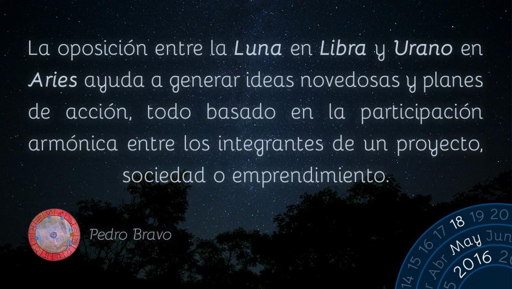 La oposici&oacute;n entre la Luna en Libra y Urano en Aries ayuda a generar ideas novedosas y planes de acci&oacute;n, todo basado en la participaci&oacute;n arm&oacute;nica entre los integrantes de un proyecto, sociedad o emprendimiento.