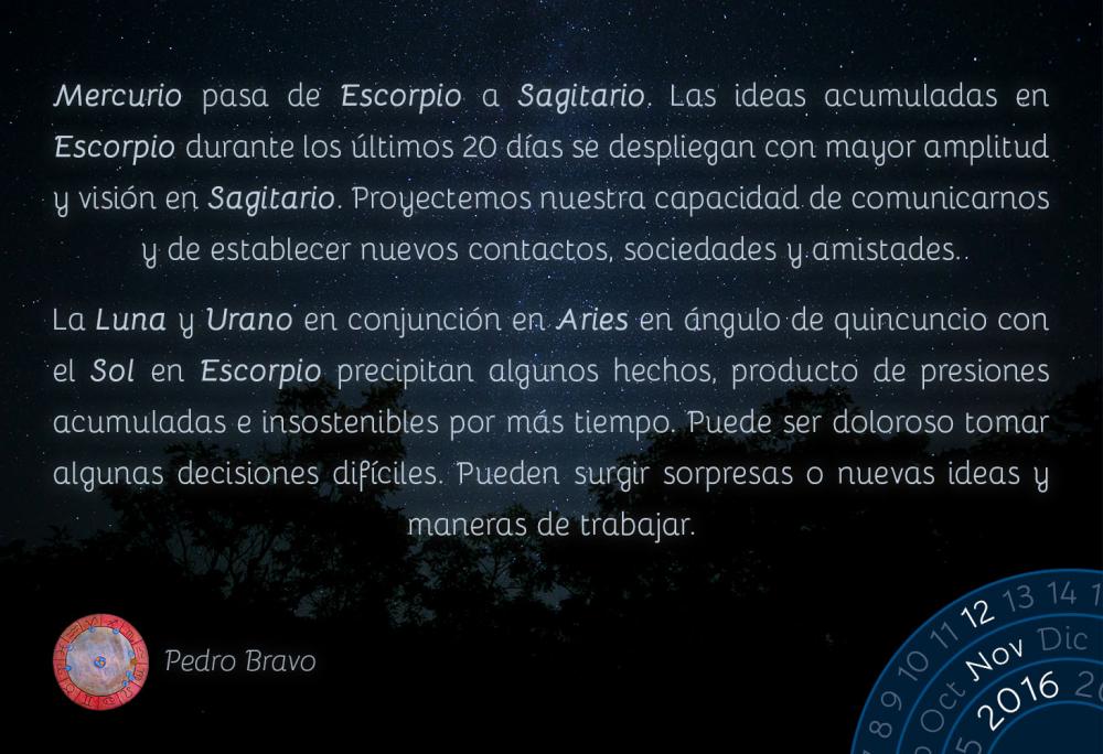 Mercurio pasa de Escorpio a Sagitario. Las ideas acumuladas en Escorpio durante los &uacute;ltimos 20 d&iacute;as se despliegan con mayor amplitud y visi&oacute;n en Sagitario. Proyectemos nuestra capacidad de comunicarnos y de establecer nuevos contactos, sociedades y amistades.La Luna y Urano en conjunci&oacute;n en Aries en &aacute;ngulo de quincuncio con el Sol en Escorpio precipitan algunos hechos, producto de presiones acumuladas e insostenibles por m&aacute;s tiempo. Puede ser doloroso tomar algunas decisiones dif&iacute;ciles. Pueden surgir sorpresas o nuevas ideas y maneras de trabajar.