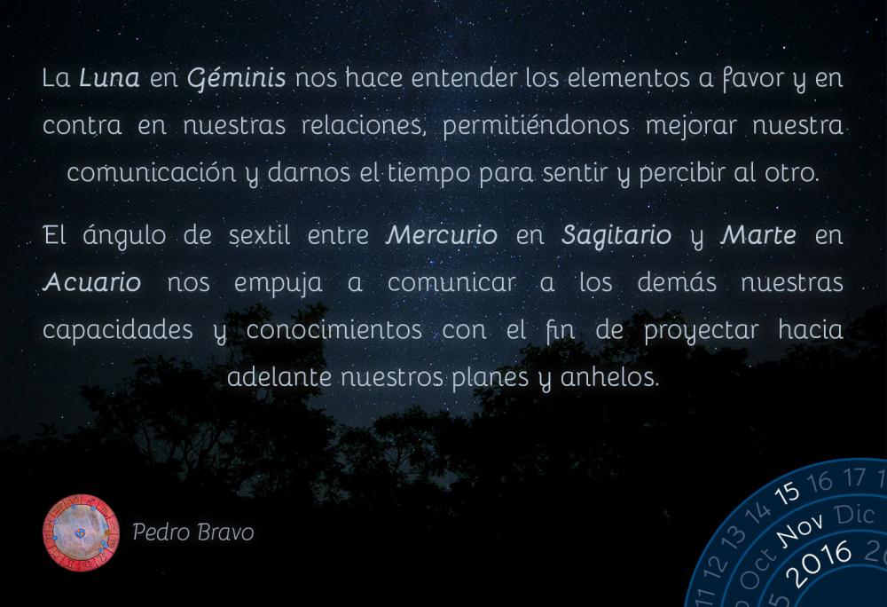 La Luna en G&eacute;minis nos hace entender los elementos a favor y en contra en nuestras relaciones, permiti&eacute;ndonos mejorar nuestra comunicaci&oacute;n y darnos el tiempo para sentir y percibir al otro.El &aacute;ngulo de sextil entre Mercurio en Sagitario y Marte en Acuario nos empuja a comunicar a los dem&aacute;s nuestras capacidades y conocimientos con el fin de proyectar hacia adelante nuestros planes y anhelos.