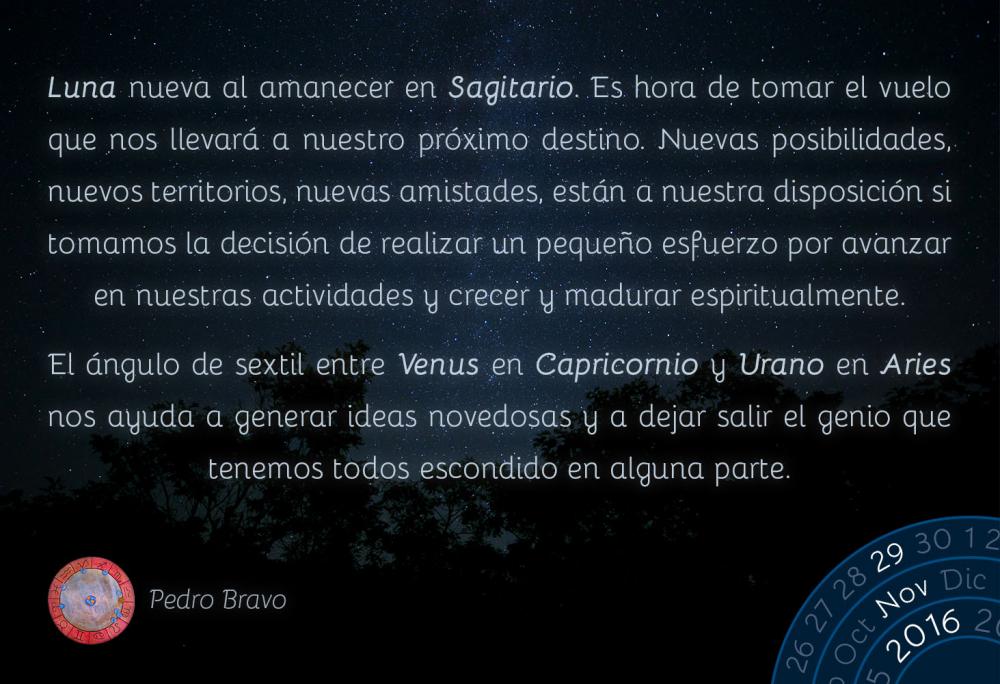 Luna nueva al amanecer en Sagitario. Es hora de tomar el vuelo que nos llevar&aacute; a nuestro pr&oacute;ximo destino. Nuevas posibilidades, nuevos territorios, nuevas amistades, est&aacute;n a nuestra disposici&oacute;n si tomamos la decisi&oacute;n de realizar un peque&ntilde;o esfuerzo por avanzar en nuestras actividades y crecer y madurar espiritualmente.El &aacute;ngulo de sextil entre Venus en Capricornio y Urano en Aries nos ayuda a generar ideas novedosas y a dejar salir el genio que tenemos todos escondido en alguna parte.