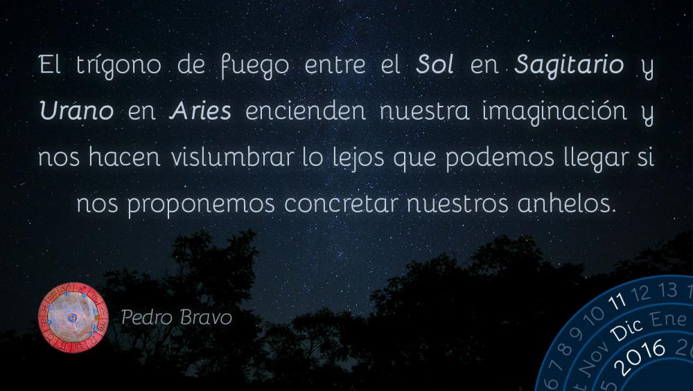 El tr&iacute;gono de fuego entre el Sol en Sagitario y Urano en Aries encienden nuestra imaginaci&oacute;n y nos hacen vislumbrar lo lejos que podemos llegar si nos proponemos concretar nuestros anhelos.