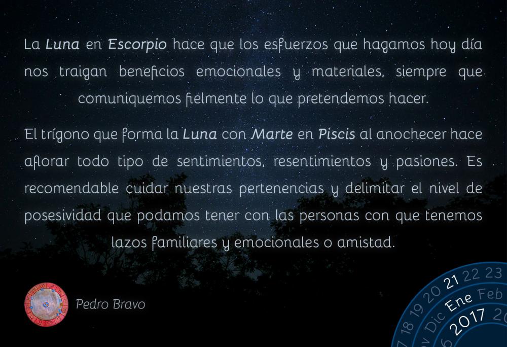 La Luna en Escorpio hace que los esfuerzos que hagamos hoy d&iacute;a nos traigan beneficios emocionales y materiales, siempre que comuniquemos fielmente lo que pretendemos hacer.El tr&iacute;gono que forma la Luna con Marte en Piscis al anochecer hace aflorar todo tipo de sentimientos, resentimientos y pasiones. Es recomendable cuidar nuestras pertenencias y delimitar el nivel de posesividad que podamos tener con las personas con que tenemos lazos familiares y emocionales o amistad.