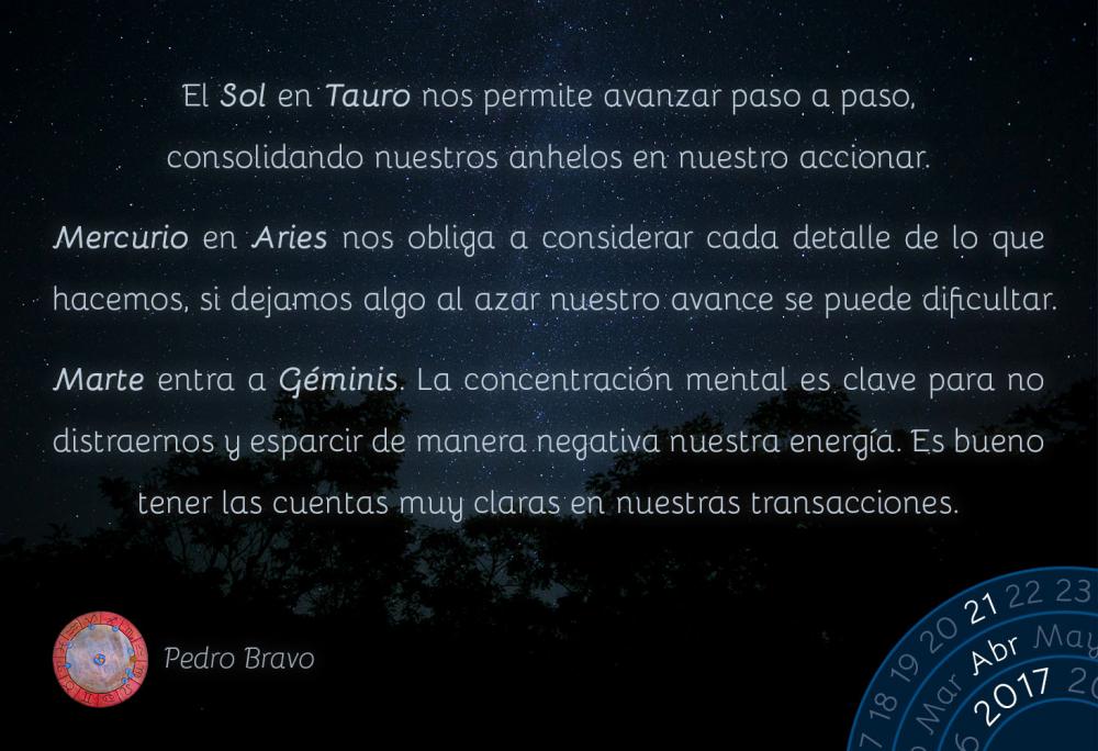 El Sol en Tauro nos permite avanzar paso a paso, consolidando nuestros anhelos en nuestro accionar.Mercurio en Aries nos obliga a considerar cada detalle de lo que hacemos, si dejamos algo al azar nuestro avance se puede dificultar.Marte entra a G&eacute;minis. La concentraci&oacute;n mental es clave para no distraernos y esparcir de manera negativa nuestra energ&iacute;a. Es bueno tener las cuentas muy claras en nuestras transacciones.