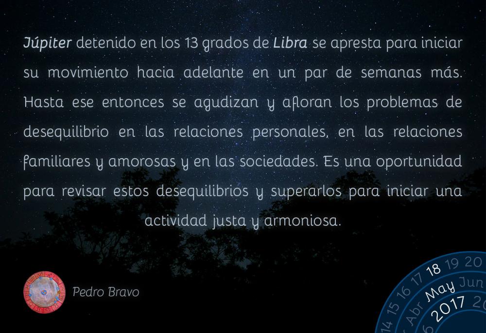 J&uacute;piter detenido en los 13 grados de Libra se apresta para iniciar su movimiento hacia adelante en un par de semanas m&aacute;s. Hasta ese entonces se agudizan y afloran los problemas de desequilibrio en las relaciones personales, en las relaciones familiares y amorosas y en las sociedades. Es una oportunidad para revisar estos desequilibrios y superarlos para iniciar una actividad justa y armoniosa.