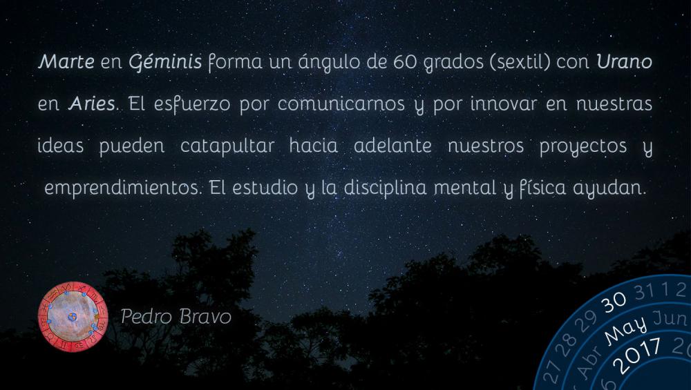 Marte en G&eacute;minis forma un &aacute;ngulo de 60 grados (sextil) con Urano en Aries. El esfuerzo por comunicarnos y por innovar en nuestras ideas pueden catapultar hacia adelante nuestros proyectos y emprendimientos. El estudio y la disciplina mental y f&iacute;sica ayudan.