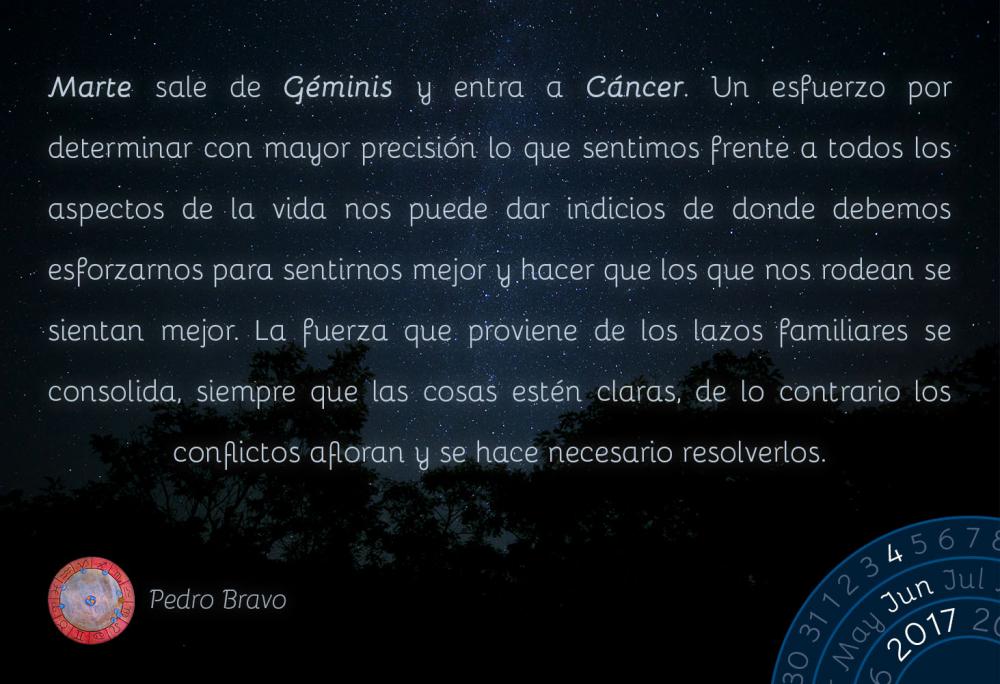 Marte sale de G&eacute;minis y entra a C&aacute;ncer. Un esfuerzo por determinar con mayor precisi&oacute;n lo que sentimos frente a todos los aspectos de la vida nos puede dar indicios de donde debemos esforzarnos para sentirnos mejor y hacer que los que nos rodean se sientan mejor. La fuerza que proviene de los lazos familiares se consolida, siempre que las cosas est&eacute;n claras, de lo contrario los conflictos afloran y se hace necesario resolverlos.