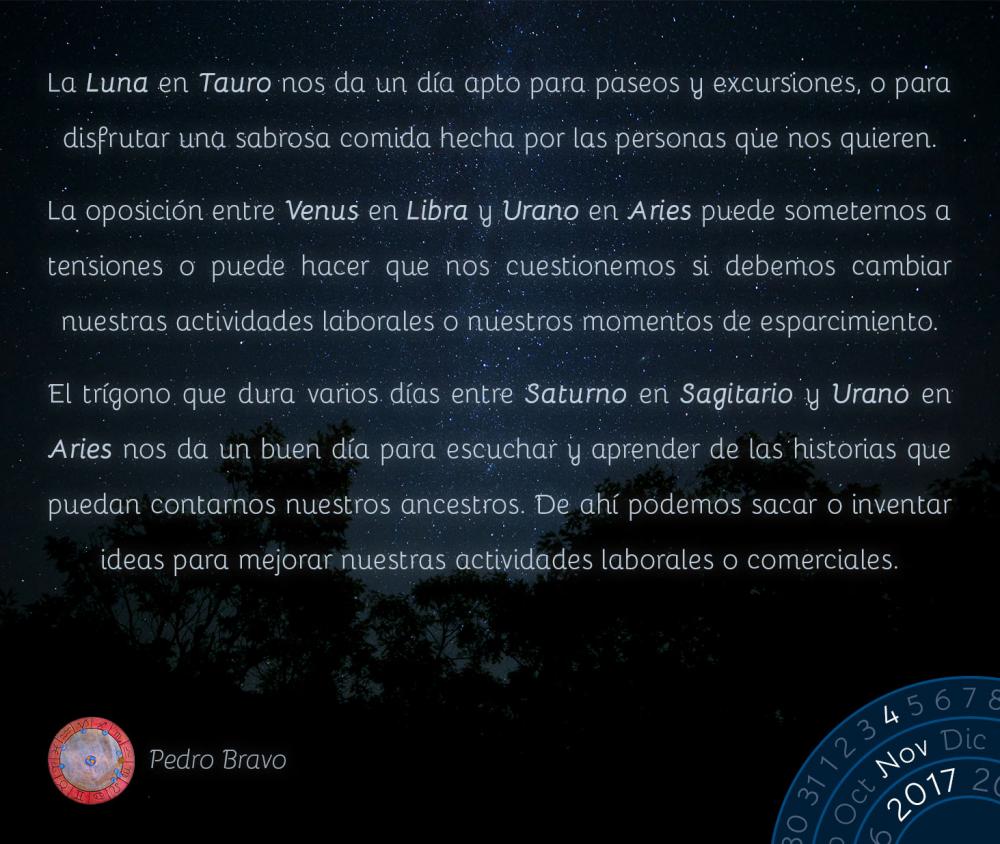 La Luna en Tauro nos da un d&iacute;a apto para paseos y excursiones, o para disfrutar una sabrosa comida hecha por las personas que nos quieren.La oposici&oacute;n entre Venus en Libra y Urano en Aries puede someternos a tensiones o puede hacer que nos cuestionemos si debemos cambiar nuestras actividades laborales o nuestros momentos de esparcimiento.El tr&iacute;gono que dura varios d&iacute;as entre Saturno en Sagitario y Urano en Aries nos da un buen d&iacute;a para escuchar y aprender de las historias que puedan contarnos nuestros ancestros. De ah&iacute; podemos sacar o inventar ideas para mejorar nuestras actividades laborales o comerciales.