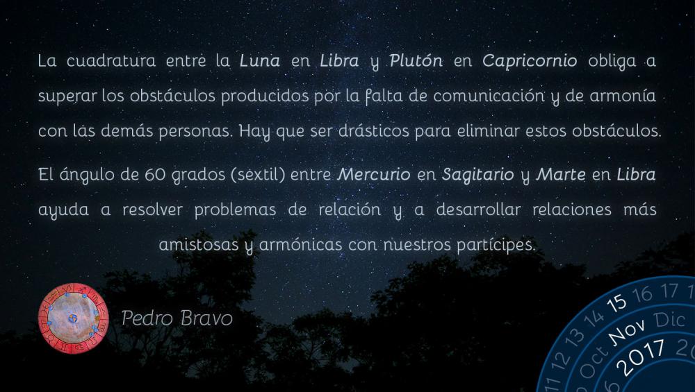 La cuadratura entre la Luna en Libra y Plut&oacute;n en Capricornio obliga a superar los obst&aacute;culos producidos por la falta de comunicaci&oacute;n y de armon&iacute;a con las dem&aacute;s personas. Hay que ser dr&aacute;sticos para eliminar estos obst&aacute;culos.El &aacute;ngulo de 60 grados (sextil) entre Mercurio en Sagitario y Marte en Libra ayuda a resolver problemas de relaci&oacute;n y a desarrollar relaciones m&aacute;s amistosas y arm&oacute;nicas con nuestros part&iacute;cipes.