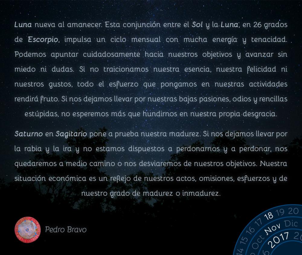 Luna nueva al amanecer. Esta conjunci&oacute;n entre el Sol y la Luna, en 26 grados de Escorpio, impulsa un ciclo mensual con mucha energ&iacute;a y tenacidad. Podemos apuntar cuidadosamente hacia nuestros objetivos y avanzar sin miedo ni dudas. Si no traicionamos nuestra esencia, nuestra felicidad ni nuestros gustos, todo el esfuerzo que pongamos en nuestras actividades rendir&aacute; fruto. Si nos dejamos llevar por nuestras bajas pasiones, odios y rencillas est&uacute;pidas, no esperemos m&aacute;s que hundirnos en nuestra propia desgracia.Saturno en Sagitario pone a prueba nuestra madurez. Si nos dejamos llevar por la rabia y la ira y no estamos dispuestos a perdonarnos y a perdonar, nos quedaremos a medio camino o nos desviaremos de nuestros objetivos. Nuestra situaci&oacute;n econ&oacute;mica es un reflejo de nuestros actos, omisiones, esfuerzos y de nuestro grado de madurez o inmadurez.