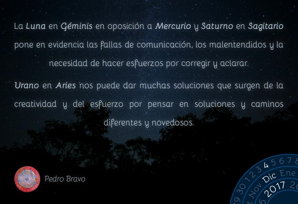 La Luna en G&eacute;minis en oposici&oacute;n a Mercurio y Saturno en Sagitario pone en evidencia las fallas de comunicaci&oacute;n, los malentendidos y la necesidad de hacer esfuerzos por corregir y aclarar.Urano en Aries nos puede dar muchas soluciones que surgen de la creatividad y del esfuerzo por pensar en soluciones y caminos diferentes y novedosos.