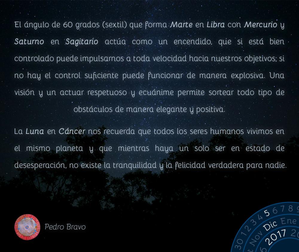 El &aacute;ngulo de 60 grados (sextil) que forma Marte en Libra con Mercurio y Saturno en Sagitario act&uacute;a como un encendido, que si est&aacute; bien controlado puede impulsarnos a toda velocidad hacia nuestros objetivos; si no hay el control suficiente puede funcionar de manera explosiva. Una visi&oacute;n y un actuar respetuoso y ecu&aacute;nime permite sortear todo tipo de obst&aacute;culos de manera elegante y positiva.La Luna en C&aacute;ncer nos recuerda que todos los seres humanos vivimos en el mismo planeta y que mientras haya un solo ser en estado de desesperaci&oacute;n, no existe la tranquilidad y la felicidad verdadera para nadie.