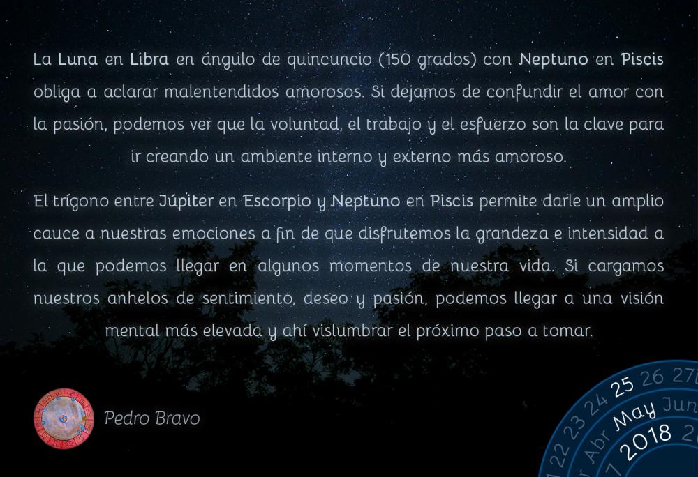 La Luna en Libra en ángulo de quincuncio (150 grados) con Neptuno en Piscis obliga a aclarar malentendidos amorosos. Si dejamos de confundir el amor con la pasión, podemos ver que la voluntad, el trabajo y el esfuerzo son la clave para ir creando un ambiente interno y externo más amoroso. 

El trígono entre Júpiter en Escorpio y Neptuno en Piscis permite darle un amplio cauce a nuestras emociones a fin de que disfrutemos la grandeza e intensidad a la que podemos llegar en algunos momentos de nuestra vida. Si cargamos nuestros anhelos de sentimiento, deseo y pasión, podemos llegar a una visión mental más elevada y ahí vislumbrar el próximo paso a tomar.