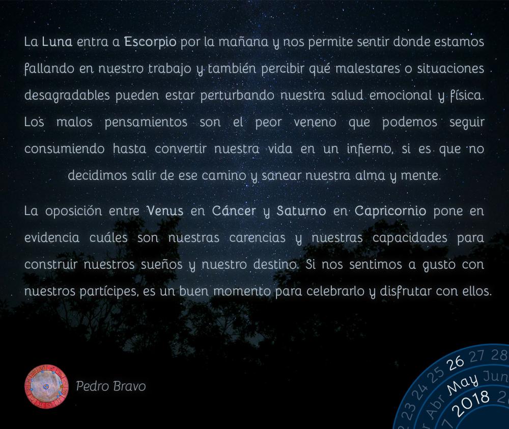 La Luna entra a Escorpio por la mañana y nos permite sentir donde estamos fallando en nuestro trabajo y también percibir qué malestares o situaciones desagradables pueden estar perturbando nuestra salud emocional y física. Los malos pensamientos son el peor veneno que podemos seguir consumiendo hasta convertir nuestra vida en un infierno, si es que no decidimos salir de ese camino y sanear nuestra alma y mente.

La oposición entre Venus en Cáncer y Saturno en Capricornio pone en evidencia cuáles son nuestras carencias y nuestras capacidades para construir nuestros sueños y nuestro destino. Si nos sentimos a gusto con nuestros partícipes, es un buen momento para celebrarlo y disfrutar con ellos.