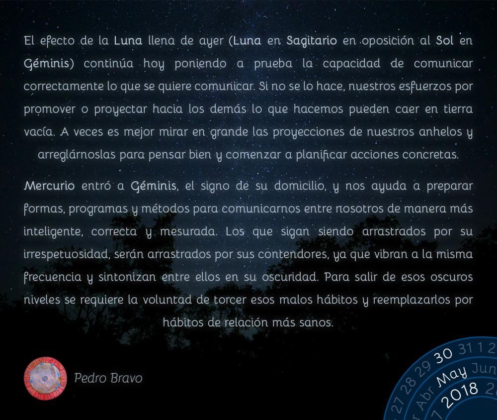 El efecto de la Luna llena de ayer (Luna en Sagitario en oposición al Sol en Géminis) continúa hoy poniendo a prueba la capacidad de comunicar correctamente lo que se quiere comunicar. Si no se lo hace, nuestros esfuerzos por promover o proyectar hacia los demás lo que hacemos pueden caer en tierra vacía. A veces es mejor mirar en grande las proyecciones de nuestros anhelos y arreglárnoslas para pensar bien y comenzar a planificar acciones concretas.

Mercurio entró a Géminis, el signo de su domicilio, y nos ayuda a preparar formas, programas y métodos para comunicarnos entre nosotros de manera más inteligente, correcta y mesurada. Los que sigan siendo arrastrados por su irrespetuosidad, serán arrastrados por sus contendores, ya que vibran a la misma frecuencia y sintonizan entre ellos en su oscuridad. Para salir de esos oscuros niveles se requiere la voluntad de torcer esos malos hábitos y reemplazarlos por hábitos de relación más sanos.