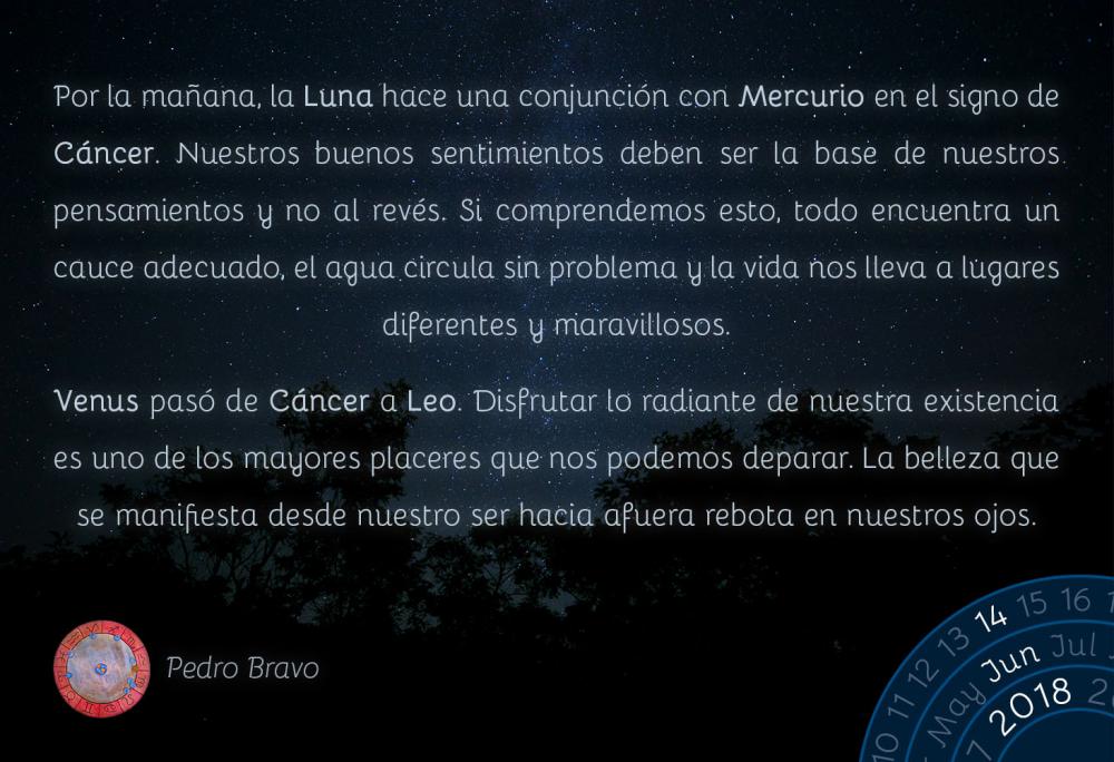 Por la mañana, la Luna hace una conjunción con Mercurio en el signo de Cáncer. Nuestros buenos sentimientos deben ser la base de nuestros pensamientos y no al revés. Si comprendemos esto, todo encuentra un cauce adecuado, el agua circula sin problema y la vida nos lleva a lugares diferentes y maravillosos.

Venus pasó de Cáncer a Leo. Disfrutar lo radiante de nuestra existencia es uno de los mayores placeres que nos podemos deparar. La belleza que se manifiesta desde nuestro ser hacia afuera rebota en nuestros ojos.