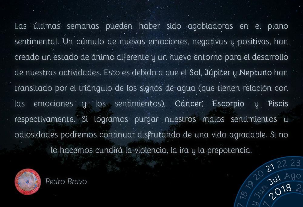 Las últimas semanas pueden haber sido agobiadoras en el plano sentimental. Un cúmulo de nuevas emociones, negativas y positivas, han creado un estado de ánimo diferente y un nuevo entorno para el desarrollo de nuestras actividades. Esto es debido a que el Sol, Júpiter y Neptuno han transitado por el triángulo de los signos de agua (que tienen relación con las emociones y los sentimientos), Cáncer, Escorpio y Piscis respectivamente. Si logramos purgar nuestros malos sentimientos u odiosidades podremos continuar disfrutando de una vida agradable. Si no lo hacemos cundirá la violencia, la ira y la prepotencia.