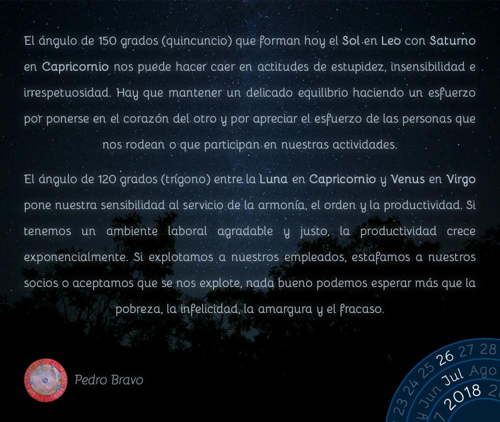 El ángulo de 150 grados (quincuncio) que forman hoy el Sol en Leo con Saturno en Capricornio nos puede hacer caer en actitudes de estupidez, insensibilidad e irrespetuosidad. Hay que mantener un delicado equilibrio haciendo un esfuerzo por ponerse en el corazón del otro y por apreciar el esfuerzo de las personas que nos rodean o que participan en nuestras actividades. 

El ángulo de 120 grados (trígono) entre la Luna en Capricornio y Venus en Virgo pone nuestra sensibilidad al servicio de la armonía, el orden y la productividad. Si tenemos un ambiente laboral agradable y justo, la productividad crece exponencialmente. Si explotamos a nuestros empleados, estafamos a nuestros socios o aceptamos que se nos explote, nada bueno podemos esperar más que la pobreza, la infelicidad, la amargura y el fracaso.